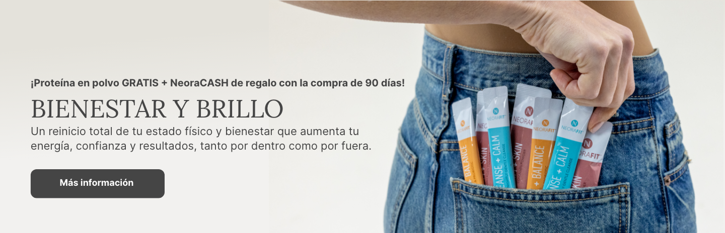 A woman holds three NeoraFit sachets to her chest. Accompanying text mentions you can learn more about a 90-Day Well-Being Glow-Up.